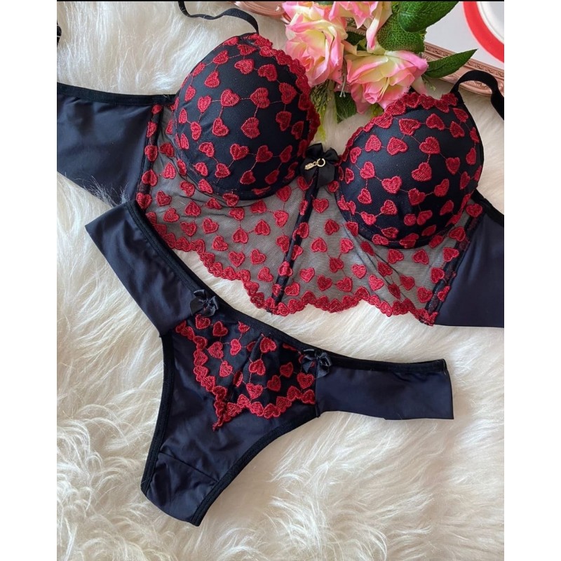 Conjunto Cropped Glamour Coração Preto C/Vermelho