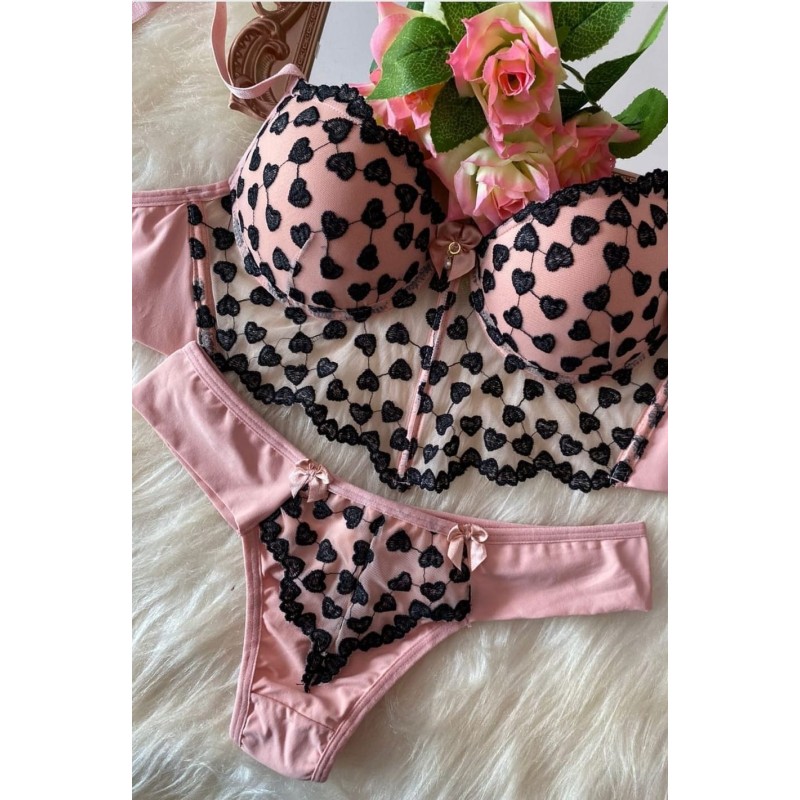 Conjunto Cropped Glamour Coração Rosa C/Preto