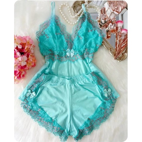 Baby Doll Luxo Chantilly  Verde Agua Baby Doll Luxo Chantilly  Verde Agua