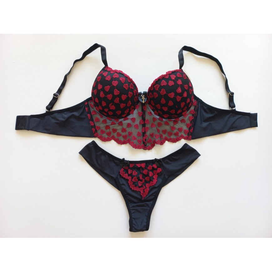 Conjunto Cropped Glamour Coração Preto C/Vermelho