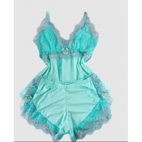 Baby Doll Luxo Chantilly  Verde Agua Baby Doll Luxo Chantilly  Verde Agua