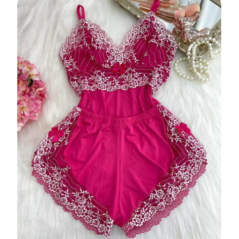 Baby Doll Luxo Império Pink C/ branco Baby Doll Luxo Império Pink C/ branco
