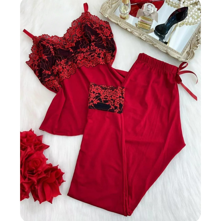 Baby Doll Luxo Império Calça Vermelho C/ Preto