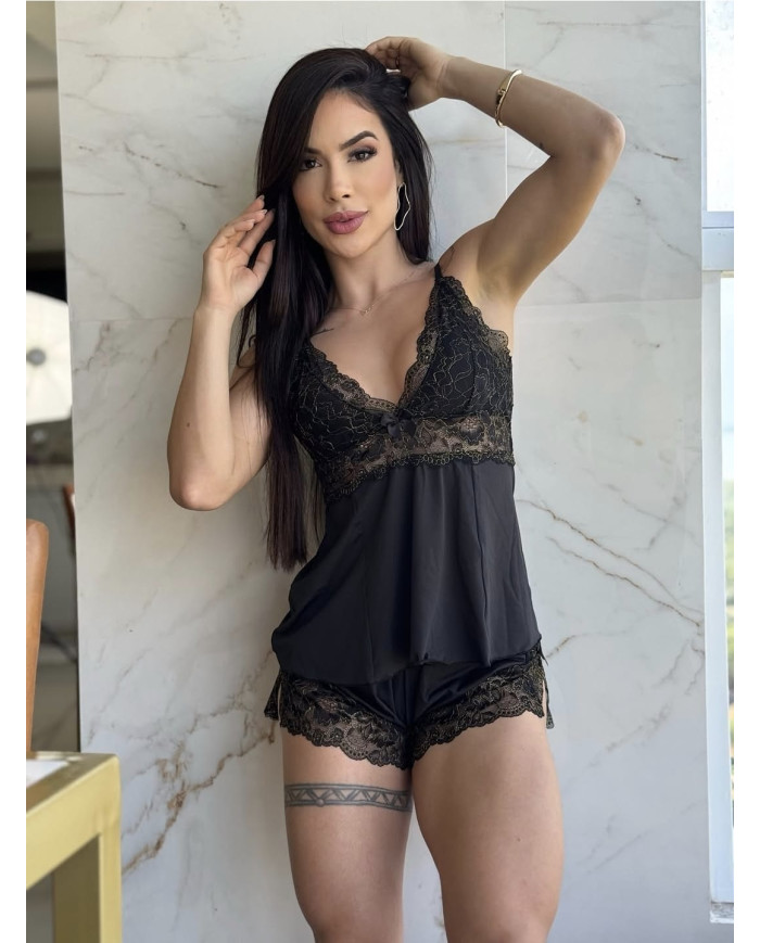 Baby Doll Luxo Lurex Preto com Linhas Douradas