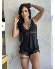 Baby Doll Luxo Lurex Preto com Linhas Douradas
