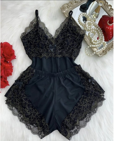 Baby Doll Luxo Lurex Preto com Linhas Douradas